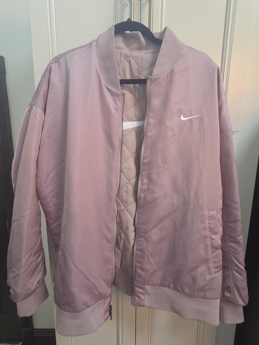 Nike Reversible Varsity Bomber Jacket XL Mauve Pink Quilted Swoosh